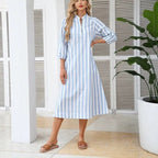 V-neck Striped Dress-shirt Skirt Thats Slimming And Relaxed-fit