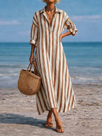 SpringSummer New Striped Lapel-Pocket Dress