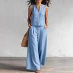 Solid-color Elegant Two-piece Set Crew-neck Vest And Wide-leg Pants