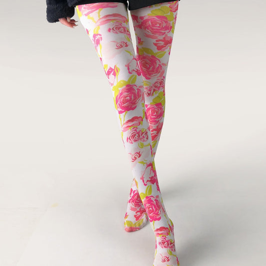 Women's Japanese Color Rose Printed Pantyhose