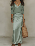 Womens Solid-Color V-Neck Knitted Sweater And Satin Dress Set