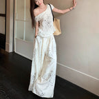 Niche Off-shoulder Printed Top And Wide-leg Pants Two-piece Set