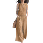 Solid-color Elegant Two-piece Set Crew-neck Vest And Wide-leg Pants