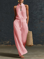 Urban-style Cotton And Linen Top And Wide-leg Pants Set