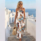 Fashionable Resort-Style Printed Halterneck Slit Jumpsuit With Wide-Leg Pants