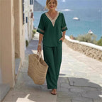 Fashionable V-neck Embroidered Top With Casual Wide-leg Pants Elegant Womens Set