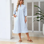 V-neck Striped Dress-shirt Skirt Thats Slimming And Relaxed-fit