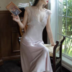 Slim-fit French-style Ice-silk Long Nightgown For Women