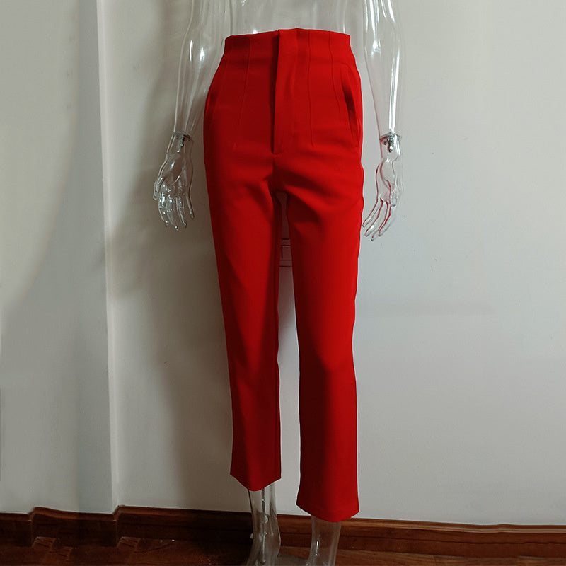 Casual Pleated High Waist Solid Color Trousers