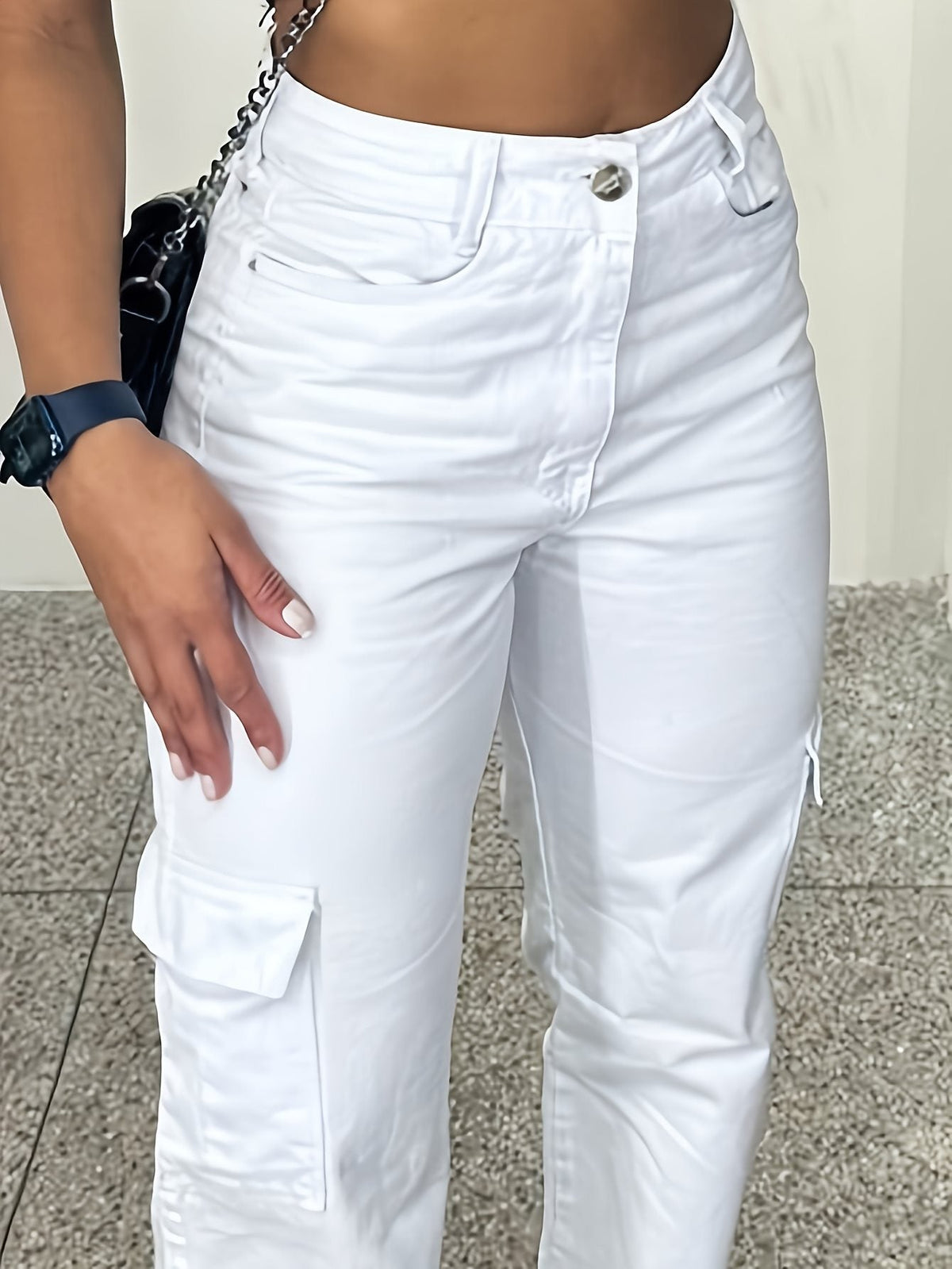 Women's White Overalls with Three-Dimensional Pockets