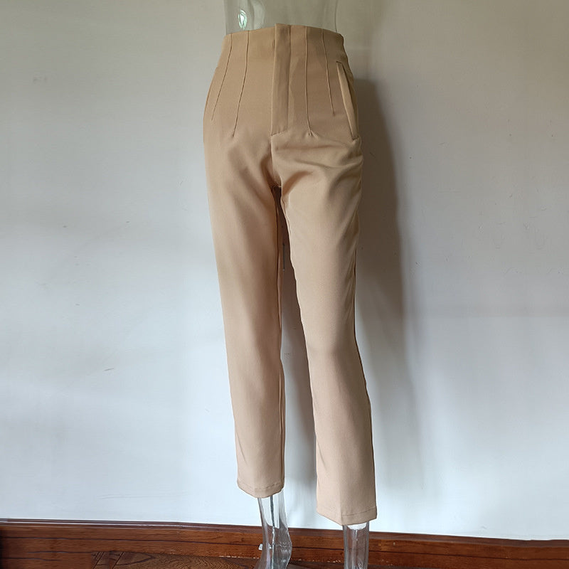 Casual Pleated High Waist Solid Color Trousers