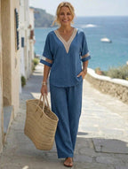 Fashionable V-neck Embroidered Top With Casual Wide-leg Pants Elegant Womens Set
