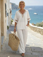 Fashionable V-neck Embroidered Top With Casual Wide-leg Pants Elegant Womens Set