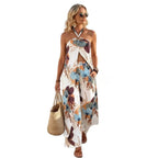 Fashionable Resort-Style Printed Halterneck Slit Jumpsuit With Wide-Leg Pants