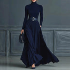 Long Sleeve Solid Color Waist Slim High Neck Maxi Dress
