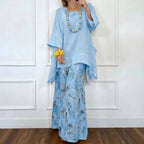 Womens Casual Cotton-Linen Irregular Top And Wide-Leg Pants Set