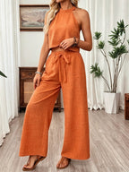 Neck-hanging Sleeveless Cropped Top And Wide-leg Pants Set