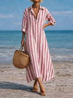 SpringSummer New Striped Lapel-Pocket Dress