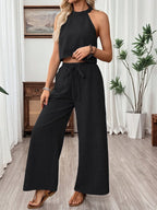 Neck-hanging Sleeveless Cropped Top And Wide-leg Pants Set