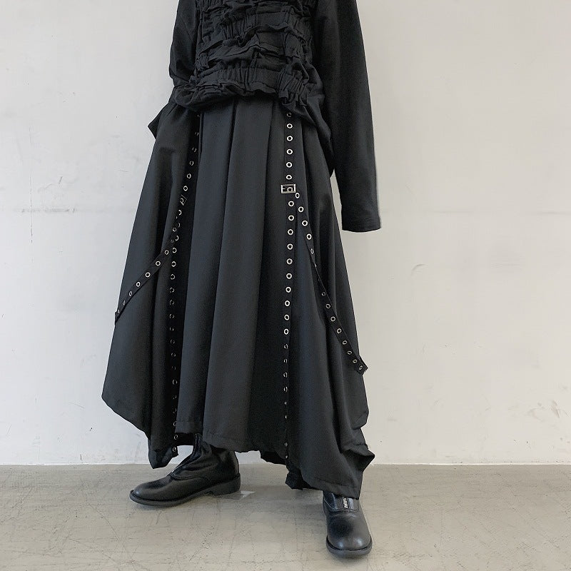 Goth Style Irregular Hem Ribbon Rivet Pantskirt