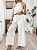 Neck-hanging Sleeveless Cropped Top And Wide-leg Pants Set