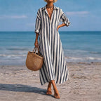 SpringSummer New Striped Lapel-Pocket Dress