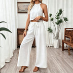 Neck-hanging Sleeveless Cropped Top And Wide-leg Pants Set