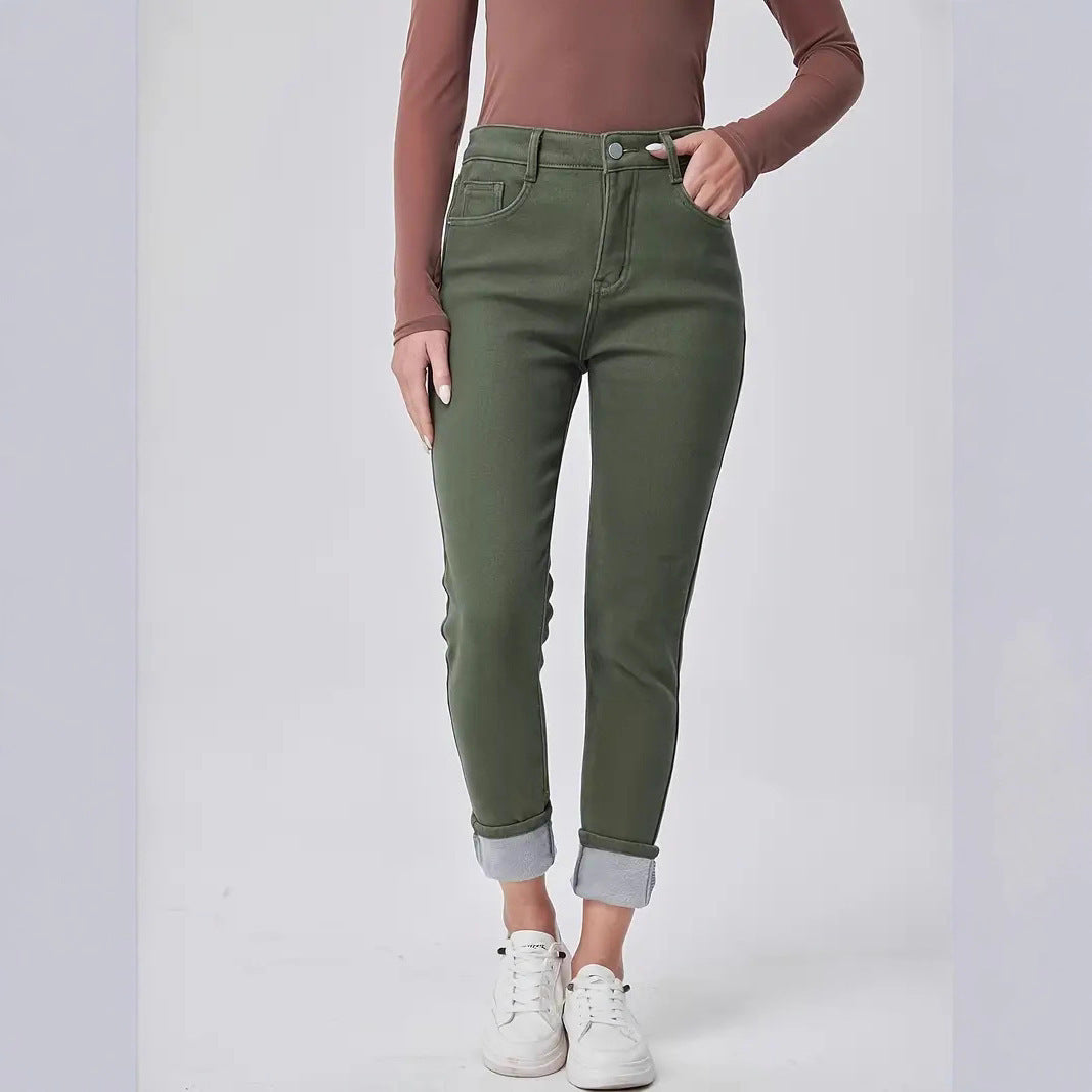 Slim Fit High Waist Dark Green Denim Trousers