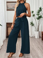 Neck-hanging Sleeveless Cropped Top And Wide-leg Pants Set