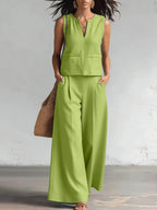 Solid-color Elegant Two-piece Set Crew-neck Vest And Wide-leg Pants