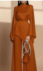 Satin High-Neck Asymmetric Waist Wide-Leg Pants Set