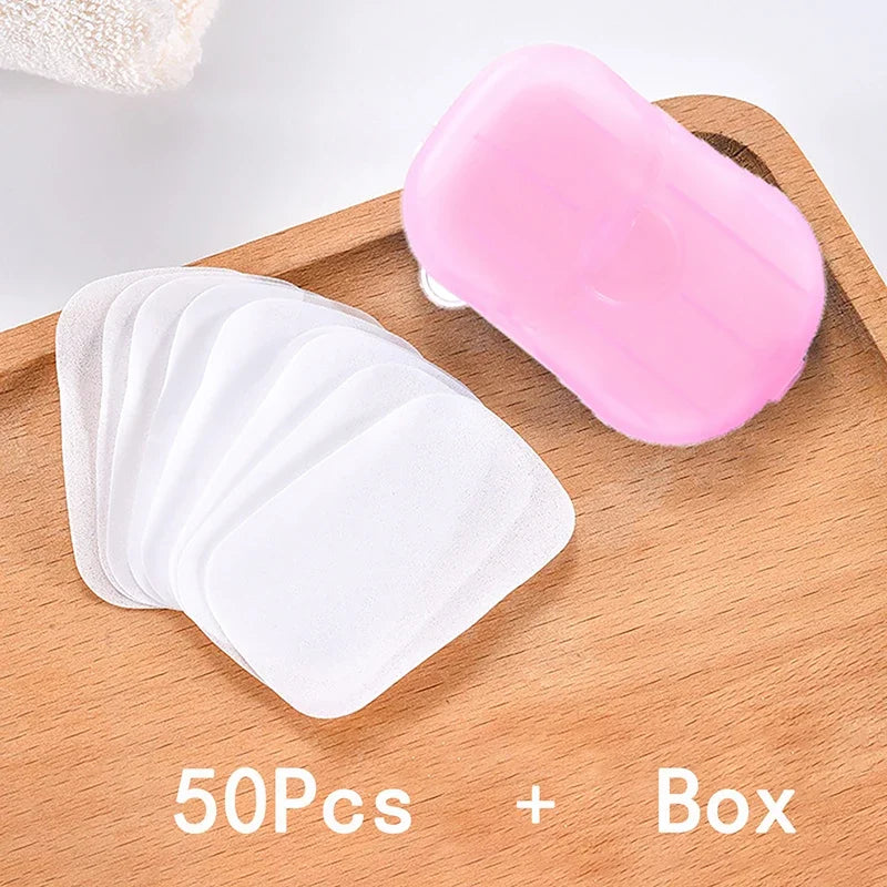 50pcs/1box Portable Bathroom Soap Slices Bath Hand Washing Slice Sheets Outdoor Travel Scented Foaming Soap Paper Soap Tablets