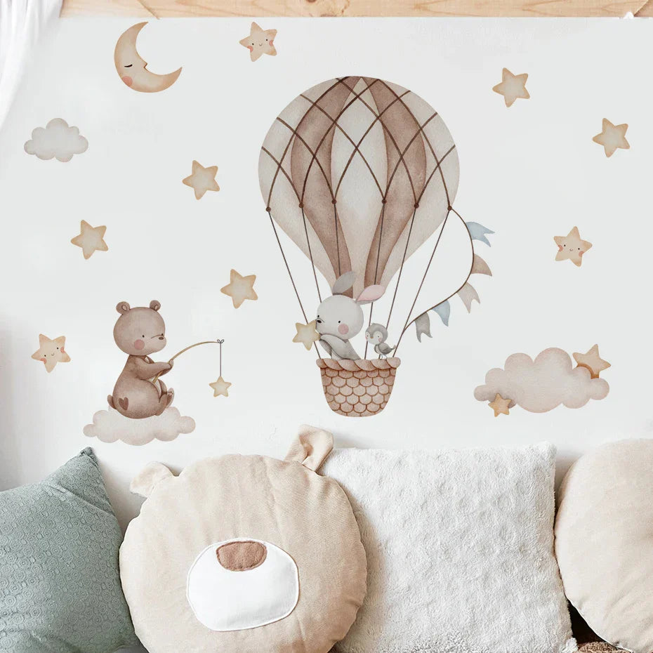 Cartoon Hot Air Balloon Wall Stickers | Animals, Bear & Rabbits Decals for Nursery