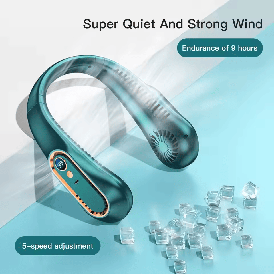 Rechargeable Wearable Neck Fan – 5 Speeds, Quiet Airflow & Up to 9 Hours Use