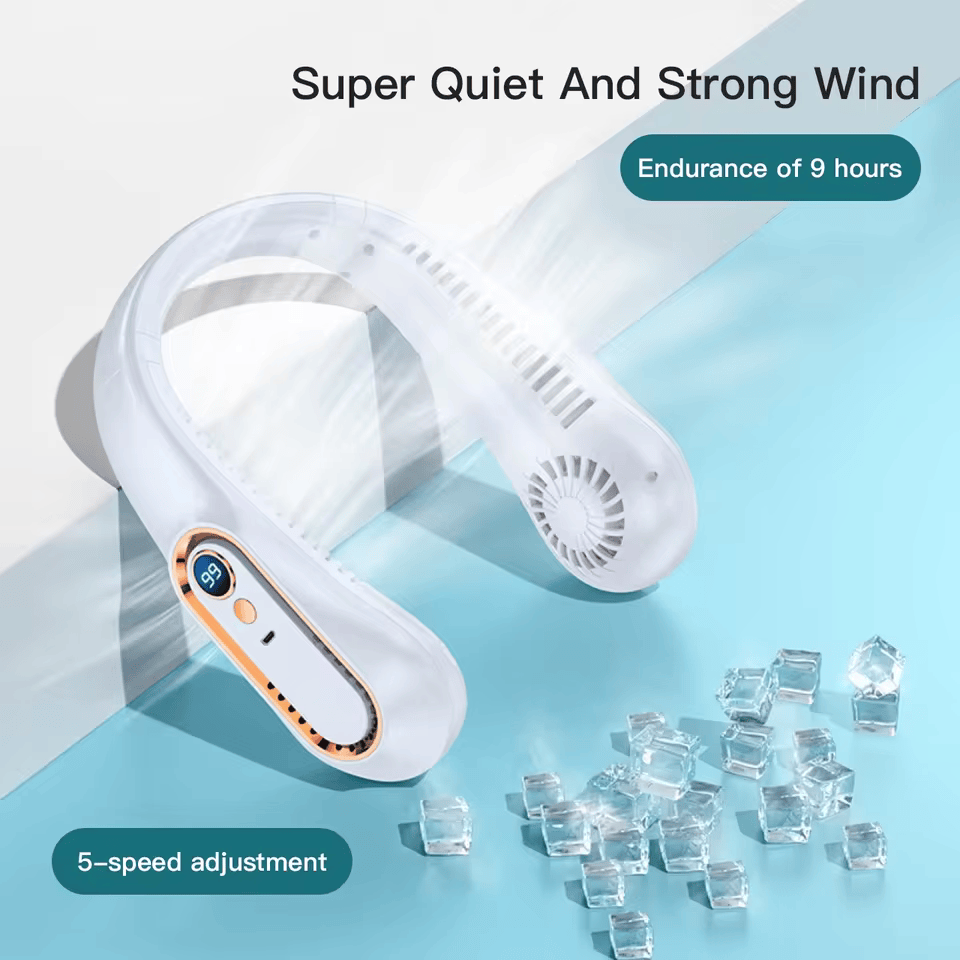 Rechargeable Wearable Neck Fan – 5 Speeds, Quiet Airflow & Up to 9 Hours Use