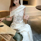 Niche Off-shoulder Printed Top And Wide-leg Pants Two-piece Set