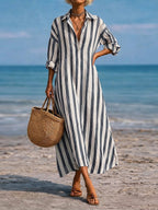 SpringSummer New Striped Lapel-Pocket Dress