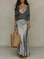 Womens Solid-Color V-Neck Knitted Sweater And Satin Dress Set
