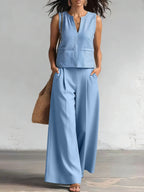 Solid-color Elegant Two-piece Set Crew-neck Vest And Wide-leg Pants