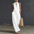 Urban-style Cotton And Linen Top And Wide-leg Pants Set