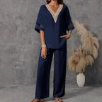 Fashionable V-neck Embroidered Top With Casual Wide-leg Pants Elegant Womens Set