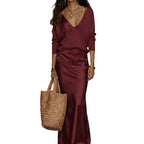 Womens Solid-Color V-Neck Knitted Sweater And Satin Dress Set