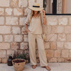 Fashionable V-neck Embroidered Top With Casual Wide-leg Pants Elegant Womens Set