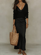 Womens Solid-Color V-Neck Knitted Sweater And Satin Dress Set