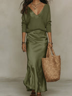 Womens Solid-Color V-Neck Knitted Sweater And Satin Dress Set