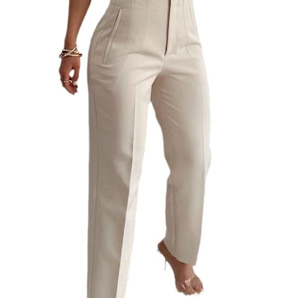 Casual Pleated High Waist Solid Color Trousers
