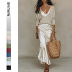 Womens Solid-Color V-Neck Knitted Sweater And Satin Dress Set