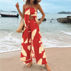 Fashionable Resort-Style Printed Halterneck Slit Jumpsuit With Wide-Leg Pants