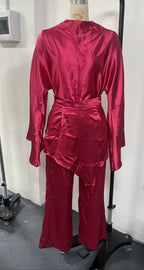 Satin High-Neck Asymmetric Waist Wide-Leg Pants Set