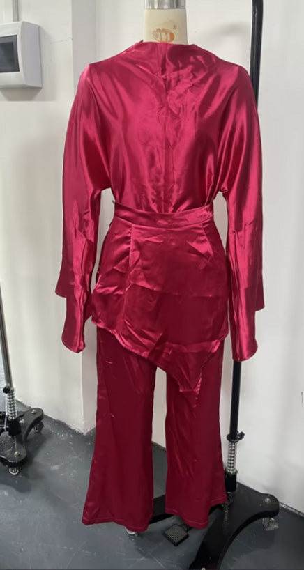 Satin High-Neck Asymmetric Waist Wide-Leg Pants Set